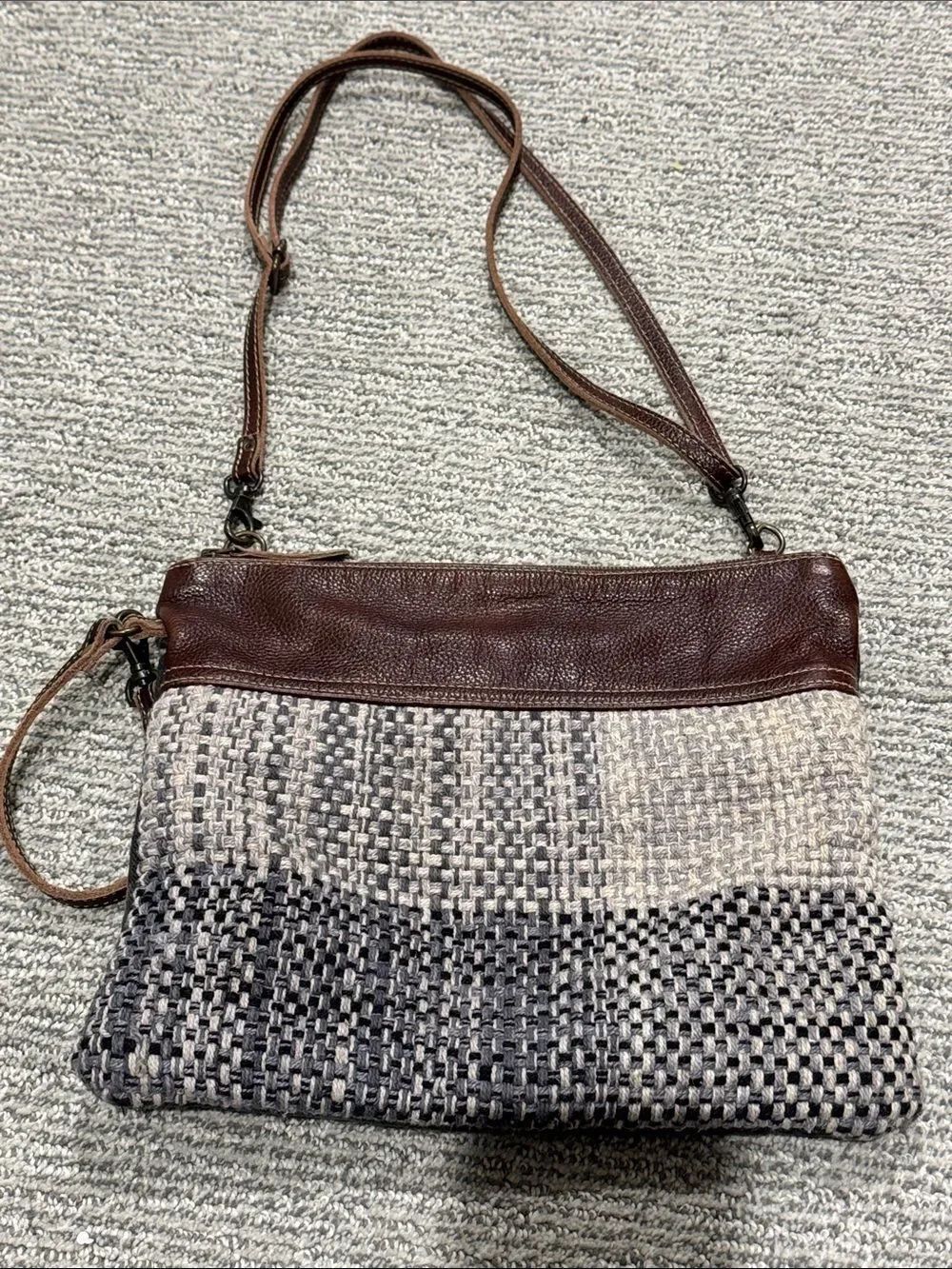 Myra Bag Brown Leather-Trim Woven Crossbody in Gray and Cream